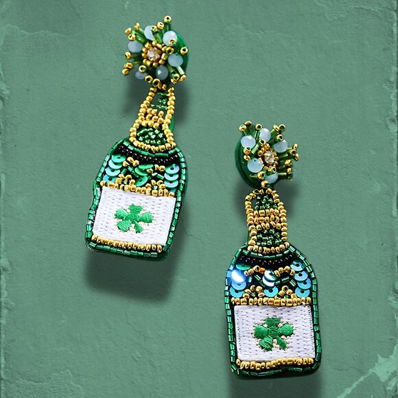 St Patrick's Day Irish Champagne Bottle Beaded Earrings - Picture 2 of 4